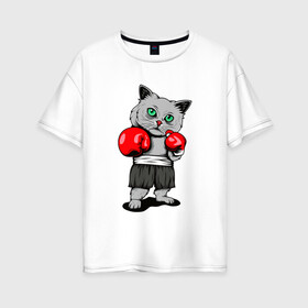 Женская футболка хлопок Oversize с принтом БоксерКотэ в Тюмени, 100% хлопок | свободный крой, круглый ворот, спущенный рукав, длина до линии бедер
 | бокс | домашние животные | кот | кошки | спортсмену | юмор