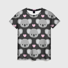 Женская футболка 3D с принтом Мордочки коал в Тюмени, 100% полиэфир ( синтетическое хлопкоподобное полотно) | прямой крой, круглый вырез горловины, длина до линии бедер | Тематика изображения на принте: арт | коал | коала | коалы | любовь | медведь | медвежонок | мордочка | мордочки | рисунок | сердечки | сердце | серый | тёмный | чёрный