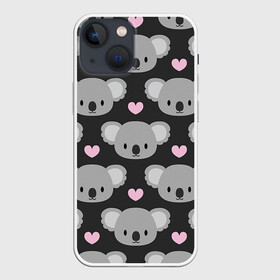 Чехол для iPhone 13 mini с принтом Мордочки коал в Тюмени,  |  | арт | коал | коала | коалы | любовь | медведь | медвежонок | мордочка | мордочки | рисунок | сердечки | сердце | серый | тёмный | чёрный