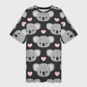Платье-футболка 3D с принтом Мордочки коал в Тюмени,  |  | арт | коал | коала | коалы | любовь | медведь | медвежонок | мордочка | мордочки | рисунок | сердечки | сердце | серый | тёмный | чёрный