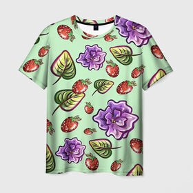 Мужская футболка 3D с принтом Роза и земляника в Тюмени, 100% полиэфир | прямой крой, круглый вырез горловины, длина до линии бедер | арт | зеленый | земляника | красный | листок | листья | рисунок | роза | розы | салатовый | фиолетовая роза | фиолетовые розы | фиолетовый | цветок | цветы | ягода | ягоды
