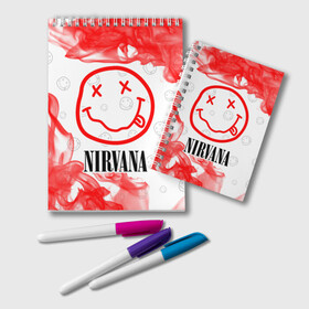 Блокнот с принтом NIRVANA НИРВАНА в Тюмени, 100% бумага | 48 листов, плотность листов — 60 г/м2, плотность картонной обложки — 250 г/м2. Листы скреплены удобной пружинной спиралью. Цвет линий — светло-серый
 | band | cobain | face | kurt | logo | music | nirvana | rock | rocknroll | группа | кобейн | курт | лого | логотип | музыка | музыкальная | нирвана | рожица | рок | рокнролл | символ