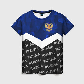 Женская футболка 3D с принтом RUSSIA | BLUE DIAMOND в Тюмени, 100% полиэфир ( синтетическое хлопкоподобное полотно) | прямой крой, круглый вырез горловины, длина до линии бедер | russia | sport | герб | империя | имперский | патриот | патриотизм | российская | россия | русский | спорт | страны | флаг | я русский