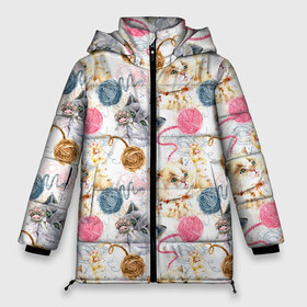 Женская зимняя куртка 3D с принтом Милые котики с клубками пряжи в Тюмени, верх — 100% полиэстер; подкладка — 100% полиэстер; утеплитель — 100% полиэстер | длина ниже бедра, силуэт Оверсайз. Есть воротник-стойка, отстегивающийся капюшон и ветрозащитная планка. 

Боковые карманы с листочкой на кнопках и внутренний карман на молнии | абстракция | клубок | кот | котик | коты | кошка | кошки | линия | милота | милые | милый | мяу | нейтральная | пряжа | стиль | текстуры | узоры