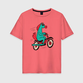 Женская футболка хлопок Oversize с принтом Конь на мотоцикле в Тюмени, 100% хлопок | свободный крой, круглый ворот, спущенный рукав, длина до линии бедер
 | art | bike | biker | cool | horse | illustration | jawa | motorcycle | арт | байк | байкер | бунтарь | гонит | едет | иллюстрация | кринж | крутая | крутой | летит | лошадь | мопед | мотоцикл | прикол | рисунок | скутер | упоротая