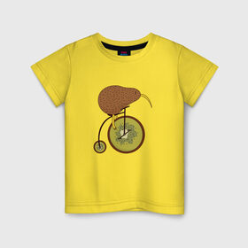 Детская футболка хлопок с принтом Киви на велосипеде в Тюмени, 100% хлопок | круглый вырез горловины, полуприлегающий силуэт, длина до линии бедер | bike | bird | birds | circus | cute | fruit | funny | kiwi | байк | берд | большое колесо | в разрезе | клюв | милая | милота | не достает до педалей | пополам | прикол | природа | птичка | с большим колесом | смешная | фрукт | 