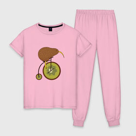 Женская пижама хлопок с принтом Киви на велосипеде в Тюмени, 100% хлопок | брюки и футболка прямого кроя, без карманов, на брюках мягкая резинка на поясе и по низу штанин | bike | bird | birds | circus | cute | fruit | funny | kiwi | байк | берд | большое колесо | в разрезе | клюв | милая | милота | не достает до педалей | пополам | прикол | природа | птичка | с большим колесом | смешная | фрукт | 