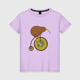 Женская футболка хлопок с принтом Киви на велосипеде в Тюмени, 100% хлопок | прямой крой, круглый вырез горловины, длина до линии бедер, слегка спущенное плечо | bike | bird | birds | circus | cute | fruit | funny | kiwi | байк | берд | большое колесо | в разрезе | клюв | милая | милота | не достает до педалей | пополам | прикол | природа | птичка | с большим колесом | смешная | фрукт | 