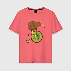 Женская футболка хлопок Oversize с принтом Киви на велосипеде в Тюмени, 100% хлопок | свободный крой, круглый ворот, спущенный рукав, длина до линии бедер
 | bike | bird | birds | circus | cute | fruit | funny | kiwi | байк | берд | большое колесо | в разрезе | клюв | милая | милота | не достает до педалей | пополам | прикол | природа | птичка | с большим колесом | смешная | фрукт | 