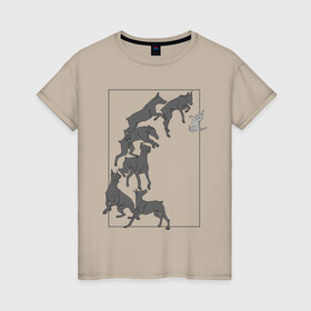 Женская футболка хлопок с принтом Доберманы в Тюмени, 100% хлопок | прямой крой, круглый вырез горловины, длина до линии бедер, слегка спущенное плечо | dogs | графика | движение | доберман | композиция | котенок | рамка | собаки