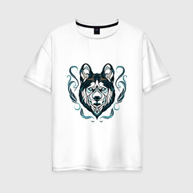 Женская футболка хлопок Oversize с принтом Хаски в Тюмени, 100% хлопок | свободный крой, круглый ворот, спущенный рукав, длина до линии бедер
 | волк | друг человека | зима | лайка | маламут | пес | питомец | север | сибирь | снег | собака | собачка | хаски | хатико | щенок
