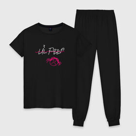 Женская пижама хлопок с принтом LIL PEEP (front & back) в Тюмени, 100% хлопок | брюки и футболка прямого кроя, без карманов, на брюках мягкая резинка на поясе и по низу штанин | Тематика изображения на принте: lil peep | lil peep art | logo lil peep | love | rap | альбомы | лил пип | лове | лого | логтип | любовь | музыка | музыкант | паук | певец | рэп | рэпер | скорпион