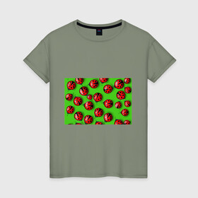 Женская футболка хлопок с принтом Божьи коровки в Тюмени, 100% хлопок | прямой крой, круглый вырез горловины, длина до линии бедер, слегка спущенное плечо | божья коровка | брошки | гиганты | зеленая | зелень | картина | корова | красная | летняя тематика | насекомые | позитив | фауна | флора | юмор