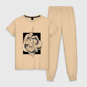 Женская пижама хлопок с принтом Клубок Драконов в Тюмени, 100% хлопок | брюки и футболка прямого кроя, без карманов, на брюках мягкая резинка на поясе и по низу штанин | 
