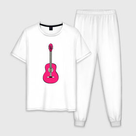 Мужская пижама хлопок с принтом Розовая гитара в Тюмени, 100% хлопок | брюки и футболка прямого кроя, без карманов, на брюках мягкая резинка на поясе и по низу штанин
 | girl | guitar | music | pink | pop | rock | артист | гитара | гитарист | гламур | девочкам | девушке | инструмент | клавиши | мелодия | музыка | музыкальные инструменты | музыкант | ноты | песни | подарок | поп | попса