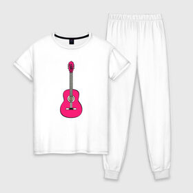 Женская пижама хлопок с принтом Розовая гитара в Тюмени, 100% хлопок | брюки и футболка прямого кроя, без карманов, на брюках мягкая резинка на поясе и по низу штанин | girl | guitar | music | pink | pop | rock | артист | гитара | гитарист | гламур | девочкам | девушке | инструмент | клавиши | мелодия | музыка | музыкальные инструменты | музыкант | ноты | песни | подарок | поп | попса