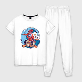 Женская пижама хлопок с принтом Surfing Santa в Тюмени, 100% хлопок | брюки и футболка прямого кроя, без карманов, на брюках мягкая резинка на поясе и по низу штанин | 