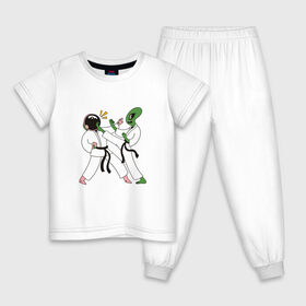 Детская пижама хлопок с принтом Space Karate в Тюмени, 100% хлопок |  брюки и футболка прямого кроя, без карманов, на брюках мягкая резинка на поясе и по низу штанин
 | alien | art | high | kick | арт | астронавт | битва | в шлеме | гери | гири | иллюстрация | инопланетянин | карате | кимоно | космическое | космонавт | космос | маваши | мае гири | маэ гери | межпланетное | нога