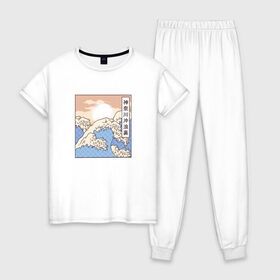Женская пижама хлопок с принтом The Great Wave в Тюмени, 100% хлопок | брюки и футболка прямого кроя, без карманов, на брюках мягкая резинка на поясе и по низу штанин | art | hokusai | japan | japanese | kanagawa | landscape | retro | retrowave | vaporwave | vintage | арт | большая | в канагаве | великая | винтаж | волна | гравюра | иллюстрация | искусство | канагава | картина | море | океан | пейзаж | ретро |