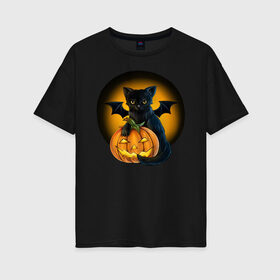 Женская футболка хлопок Oversize с принтом Черный котик с тыквой Хэллоуин в Тюмени, 100% хлопок | свободный крой, круглый ворот, спущенный рукав, длина до линии бедер
 | кот | котик | крылья | летучая | луна | мышь | тыква | хеллоуин | хэллоуин | черный