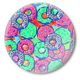 Значок с принтом Donuts в Тюмени,  металл | круглая форма, металлическая застежка в виде булавки | Тематика изображения на принте: colorful | donuts | patterns | sweet | texture | пончики | разноцветный | сладкое | текстура | узоры