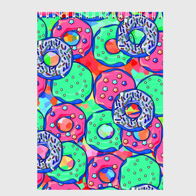 Скетчбук с принтом Donuts в Тюмени, 100% бумага
 | 48 листов, плотность листов — 100 г/м2, плотность картонной обложки — 250 г/м2. Листы скреплены сверху удобной пружинной спиралью | colorful | donuts | patterns | sweet | texture | пончики | разноцветный | сладкое | текстура | узоры