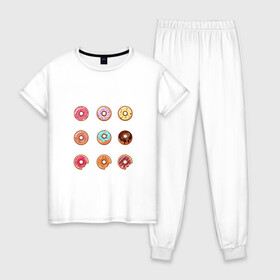 Женская пижама хлопок с принтом Пончики в Тюмени, 100% хлопок | брюки и футболка прямого кроя, без карманов, на брюках мягкая резинка на поясе и по низу штанин | bagels | circle | doughnuts | pastries | rolls | simpsons | бублики | булки | выпечка | круг | пончики | симпсоны