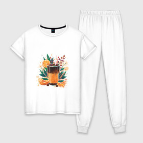 Женская пижама хлопок с принтом бодрящий коктейль в Тюмени, 100% хлопок | брюки и футболка прямого кроя, без карманов, на брюках мягкая резинка на поясе и по низу штанин | апельсин | бодрость | витамины | коктейль | кофе | лето | напиток | яркий