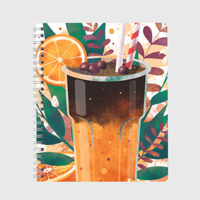 Тетрадь с принтом бодрящий коктейль в Тюмени, 100% бумага | 48 листов, плотность листов — 60 г/м2, плотность картонной обложки — 250 г/м2. Листы скреплены сбоку удобной пружинной спиралью. Уголки страниц и обложки скругленные. Цвет линий — светло-серый
 | апельсин | бодрость | витамины | коктейль | кофе | лето | напиток | яркий