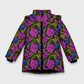 Зимняя куртка для девочек 3D с принтом Цветочная Фантазия в Тюмени, ткань верха — 100% полиэстер; подклад — 100% полиэстер, утеплитель — 100% полиэстер. | длина ниже бедра, удлиненная спинка, воротник стойка и отстегивающийся капюшон. Есть боковые карманы с листочкой на кнопках, утяжки по низу изделия и внутренний карман на молнии. 

Предусмотрены светоотражающий принт на спинке, радужный светоотражающий элемент на пуллере молнии и на резинке для утяжки. | flower | flowers | flowers pattern | neon | pattern | неон | неоновые цвета | патерн | паттерн | рисунок | цветки | цветочки | цветочный паттерн | цветы | цветы фон