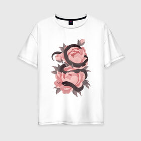 Женская футболка хлопок Oversize с принтом Змеиные розы в Тюмени, 100% хлопок | свободный крой, круглый ворот, спущенный рукав, длина до линии бедер
 | арт | змеиная роза | змея | змея и роза | рисунок | роза | розовая роза | розовые розы | розовый | розы | тёмный | уж | ужик | цветок | цветы | чёрный