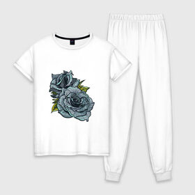 Женская пижама хлопок с принтом Синяя роза в Тюмени, 100% хлопок | брюки и футболка прямого кроя, без карманов, на брюках мягкая резинка на поясе и по низу штанин | арт | зеленый | рисунок | роза | розы | синие розы | синий | синяя роза | темный
