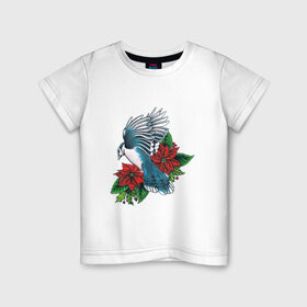 Детская футболка хлопок с принтом Птица с цветами в Тюмени, 100% хлопок | круглый вырез горловины, полуприлегающий силуэт, длина до линии бедер | арт | бардовые цветы | бардовый цветок | букет цветов | воробей | красные цветы | красный цветок | крылья | лист | листок | листья | перо | перья | птица | рисунок | синий воробей | синяя птица | цветок
