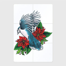 Магнитный плакат 2Х3 с принтом Птица с цветами в Тюмени, Полимерный материал с магнитным слоем | 6 деталей размером 9*9 см | арт | бардовые цветы | бардовый цветок | букет цветов | воробей | красные цветы | красный цветок | крылья | лист | листок | листья | перо | перья | птица | рисунок | синий воробей | синяя птица | цветок