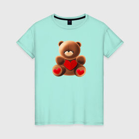 Женская футболка хлопок с принтом Медвежонок с сердечком в Тюмени, 100% хлопок | прямой крой, круглый вырез горловины, длина до линии бедер, слегка спущенное плечо | love is | teddy bear | valentines day | бабушка | валентинка | влюбленные | девушке | жена | лучшая | любимая | люблю | любовь | мама | медведь | медвежата | молодожены | подарок | романтика | свадебные | свадьба
