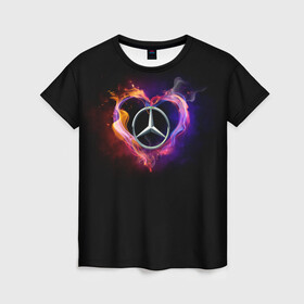 Женская футболка 3D с принтом Mercedes-Benz в Тюмени, 100% полиэфир ( синтетическое хлопкоподобное полотно) | прямой крой, круглый вырез горловины, длина до линии бедер | amg | love mercedes | mercedes | mercedes в сердце | mercedes значок | mercedes лого | mercedes марка | амг | бенц | горящее сердце | лого автомобиля | логотип мерседес | люблю мерседес | мерин | мерс | мерседес | мерседес бенз
