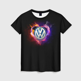 Женская футболка 3D с принтом Volkswagen в Тюмени, 100% полиэфир ( синтетическое хлопкоподобное полотно) | прямой крой, круглый вырез горловины, длина до линии бедер | love vw | volkswagen | vw | vw в сердце | vw значок | vw лого | vw марка | vw эмблема | wv | горящее сердце | значок vw | значок фольксваген | лого автомобиля | лого вольцваген | логотип vw | люблю vw | люблю фольксваген