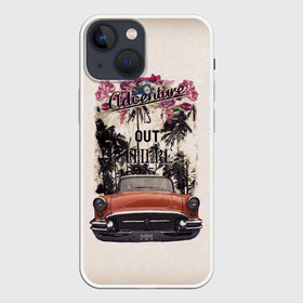 Чехол для iPhone 13 mini с принтом Adventure в Тюмени,  |  | adventure | белый | винтаж | дизайн | для поездок | за границу | картинка | контраст | креатив | лето | машина | мм | надписи | настроение | новинки | оранжевый | пальмы | путешествие | ретро
