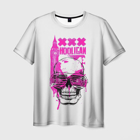 Мужская футболка 3D с принтом Hooligan в Тюмени, 100% полиэфир | прямой крой, круглый вырез горловины, длина до линии бедер | англия | арт | башня | биг бен | город | картинка | краска | криминал | лондон | надпись | очки | розовый | улица | хулиган | часы | череп