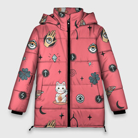 Женская зимняя куртка 3D с принтом Символы и знаки удачи в Тюмени, верх — 100% полиэстер; подкладка — 100% полиэстер; утеплитель — 100% полиэстер | длина ниже бедра, силуэт Оверсайз. Есть воротник-стойка, отстегивающийся капюшон и ветрозащитная планка. 

Боковые карманы с листочкой на кнопках и внутренний карман на молнии | везение | всевидящее око | глаз | завитки | звезды | злой | иконки | китайский | клевер | кость. | кот | котёнок | котик | кристал | листик | луна | молния | перо | пёрышко | перья | подкова | рука с глазом