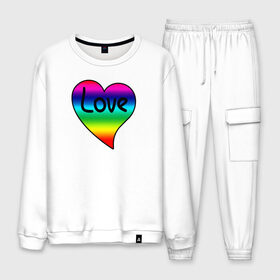 Мужской костюм хлопок с принтом Rainbow Love в Тюмени, 100% хлопок | на свитшоте круглая горловина, мягкая резинка по низу. Брюки заужены к низу, на них два вида карманов: два “обычных” по бокам и два объемных, с клапанами, расположенные ниже линии бедра. Брюки с мягкой трикотажной резинкой на поясе и по низу штанин. В поясе для дополнительного комфорта — широкие завязки | heart | love is | love you | valentines day | бабушка | валентинка | влюбленные | девушке | жена | лучшая | любимая | люблю | любовь | мама | молодожены | подарок | радуга | радужный | романтика | свадебные | свадьба