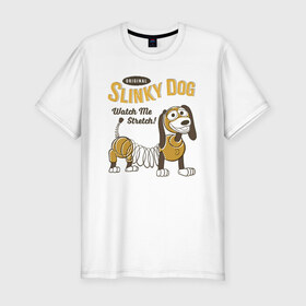 Мужская футболка хлопок Slim с принтом Slinky Dog в Тюмени, 92% хлопок, 8% лайкра | приталенный силуэт, круглый вырез ворота, длина до линии бедра, короткий рукав | disney | pixar | slinky dog | toy story | vdkimel | дисней | история игрушек | пиксар