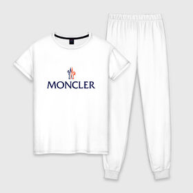 Женская пижама хлопок с принтом MONCLER в Тюмени, 100% хлопок | брюки и футболка прямого кроя, без карманов, на брюках мягкая резинка на поясе и по низу штанин | mancler | mankler | moncler | monkler | манклер | мода | монклер | тренд | хайповый | шмот