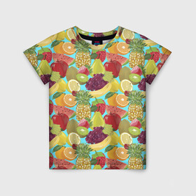 Детская футболка 3D с принтом Фрукты в Тюмени, 100% гипоаллергенный полиэфир | прямой крой, круглый вырез горловины, длина до линии бедер, чуть спущенное плечо, ткань немного тянется | fruct pattern | pattern | ананас | апельсин | арбуз | банан | виноград | груша | киви | клубника | лимон | листья | малина | натюрморт | патерн | паттерн | рисунок | фрукт | фруктовый паттерн | фрукты | фрукты фон