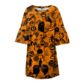 Детское платье 3D с принтом Halloween в Тюмени, 100% полиэстер | прямой силуэт, чуть расширенный к низу. Круглая горловина, на рукавах — воланы | Тематика изображения на принте: ведьма | кот | паттерн | паутина | привидение | призрак | скелет | тыква