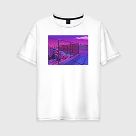 Женская футболка хлопок Oversize с принтом NFRNS -такты в Тюмени, 100% хлопок | свободный крой, круглый ворот, спущенный рукав, длина до линии бедер
 | графика | игра | компьютерная графика | неон | пейзаж | пиксели | пиксельный пейзаж | фиолетовый