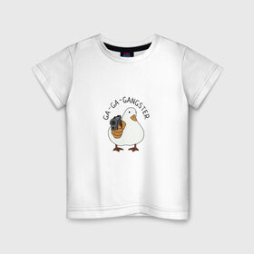 Детская футболка хлопок с принтом Ga-Ga-Gangster в Тюмени, 100% хлопок | круглый вырез горловины, полуприлегающий силуэт, длина до линии бедер | Тематика изображения на принте: duck | бандит | гангстер | гусь | мафия | прикол | птица | утка | утка с пистолетом | юмор