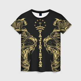Женская футболка 3D с принтом Таджикистан в Тюмени, 100% полиэфир ( синтетическое хлопкоподобное полотно) | прямой крой, круглый вырез горловины, длина до линии бедер | crown | golden | king | lion | republic | tajikistan | золотой | король | корона | лев | республика | таджикистан | царь