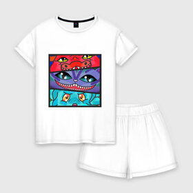 Женская пижама с шортиками хлопок с принтом Дракон, кот и осьминог в Тюмени, 100% хлопок | футболка прямого кроя, шорты свободные с широкой мягкой резинкой | 