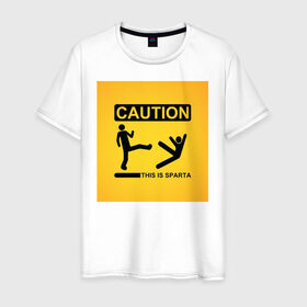 Мужская футболка хлопок с принтом Осторожно, это Спарта! в Тюмени, 100% хлопок | прямой крой, круглый вырез горловины, длина до линии бедер, слегка спущенное плечо. | caution | осторожно | предупреждение | спарта | фильм